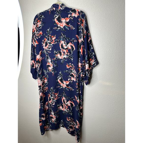 Splendid Navy Orange Ivory Multi Floral Short Sleeve Kimono Duster S - Picture 10 of 15